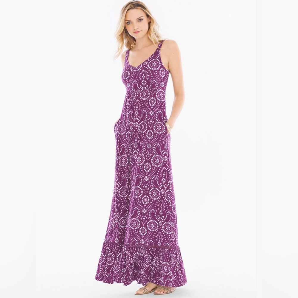 Soma Soft Jersey Tiered Hem Sleeveless Maxi Dress Serenata Eyelet Henna Plum